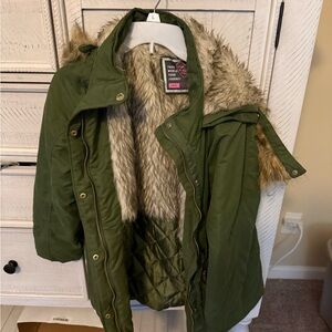 Justice Olive Green Puffer Jacket with Faux Fur